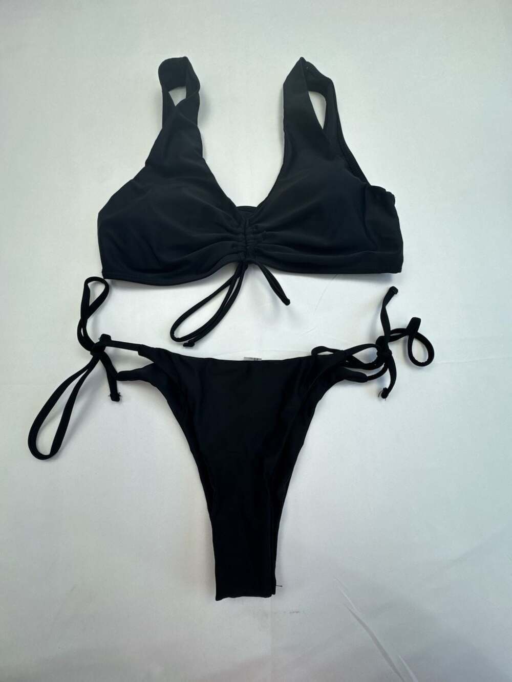 Unbranded Black Tie-Side Two-Piece Bikini Set with Ruched Front Halter Top